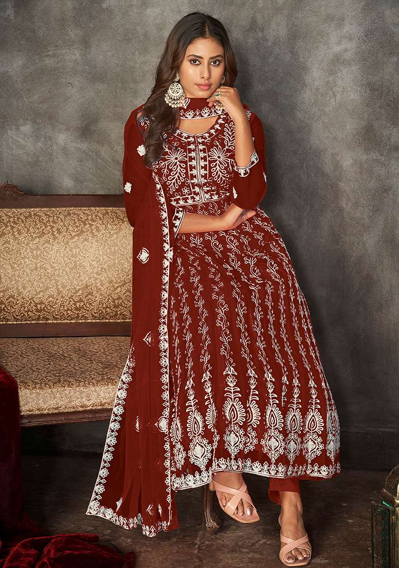 Maroon Embroidered Net Anarkali Set - Indya