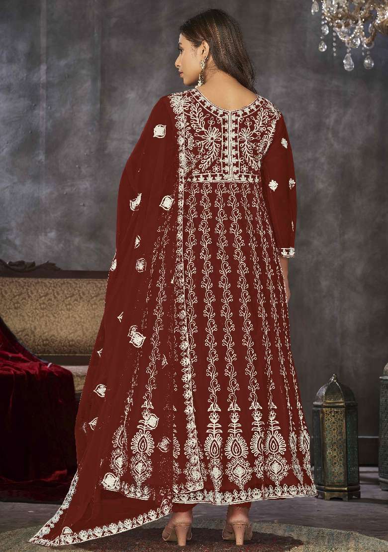 Maroon Embroidered Net Anarkali Set - Indya