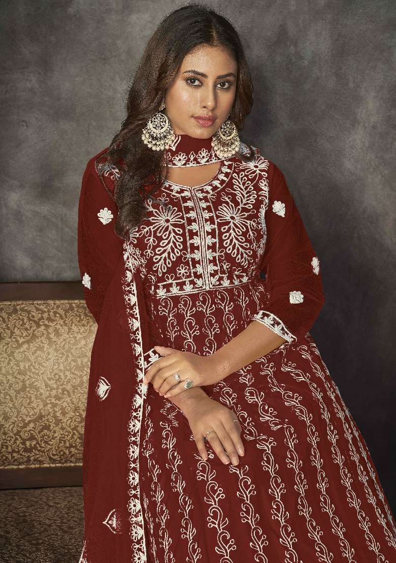 Maroon Embroidered Net Anarkali Set - Indya