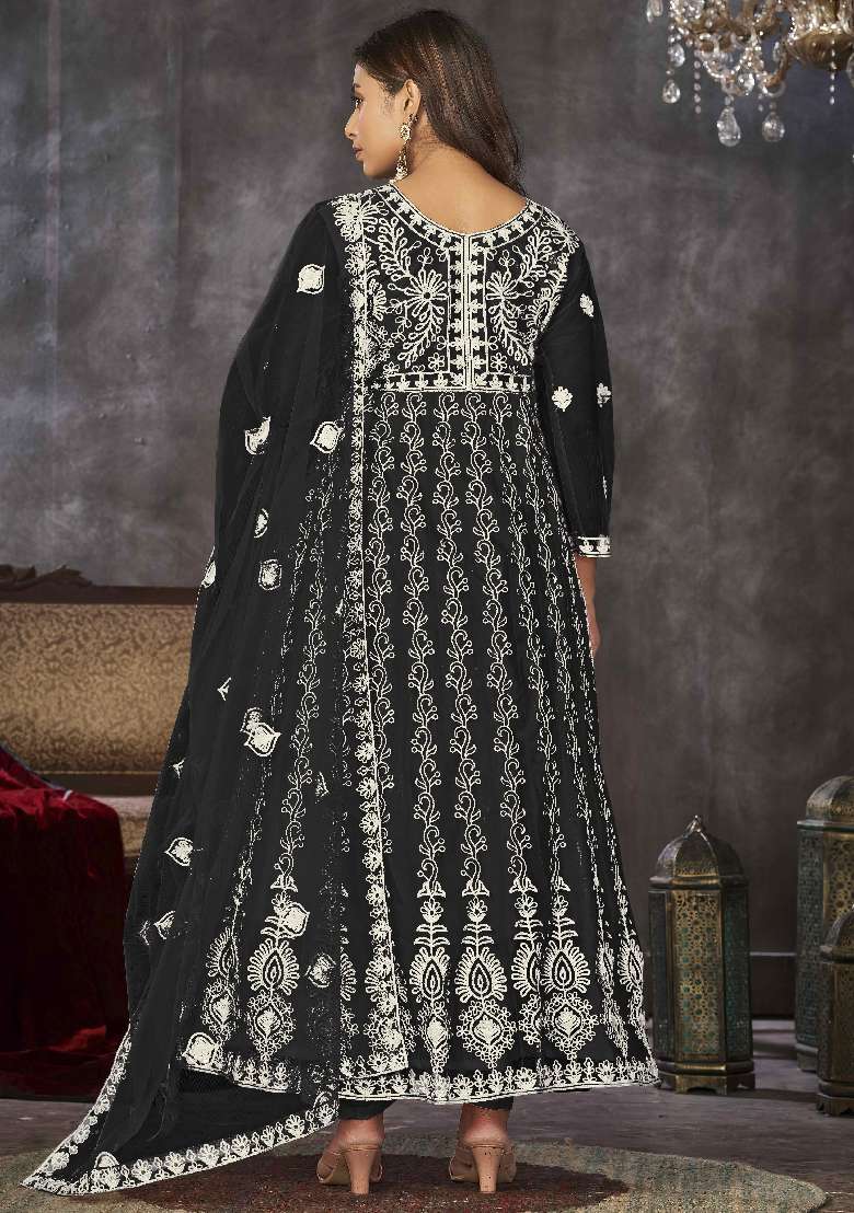 Black Embroidered Net Anarkali Set - Indya