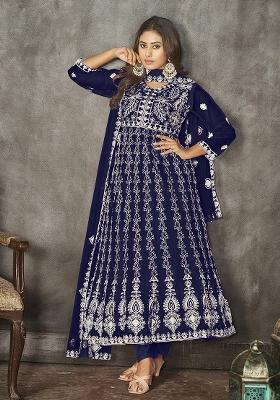 Blue Embroidery Net Kurta Set