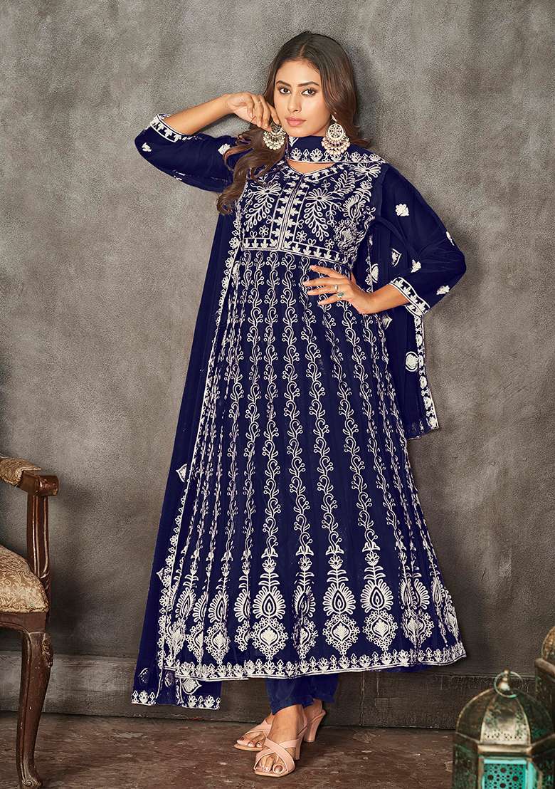 Blue Embroidered Net Anarkali Set - Indya