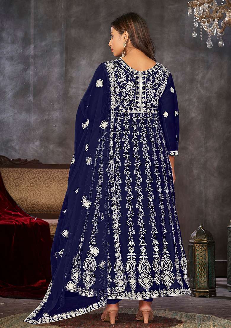 Blue Embroidered Net Anarkali Set - Indya