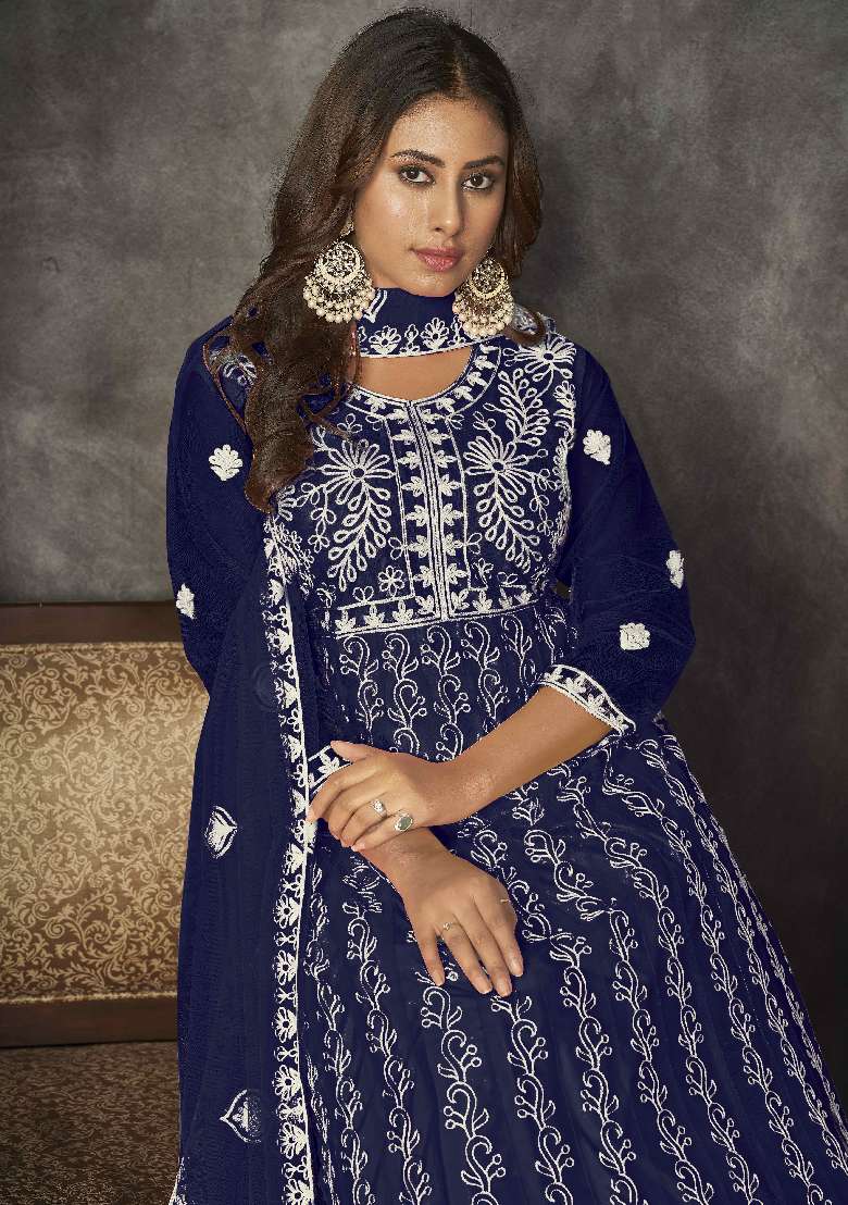 Blue Embroidered Net Anarkali Set - Indya