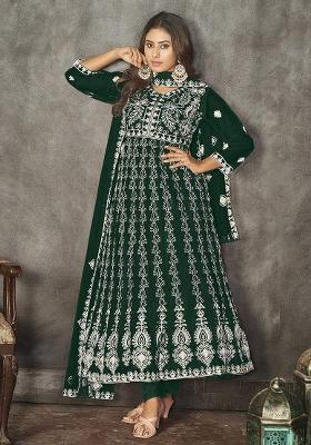 Green Embroidered Net Anarkali Set