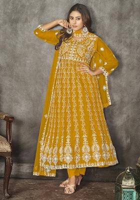 Mustard Embroidered Net Anarkali Set