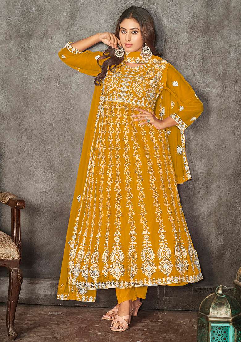 Mustard Embroidered Net Anarkali Set - Indya