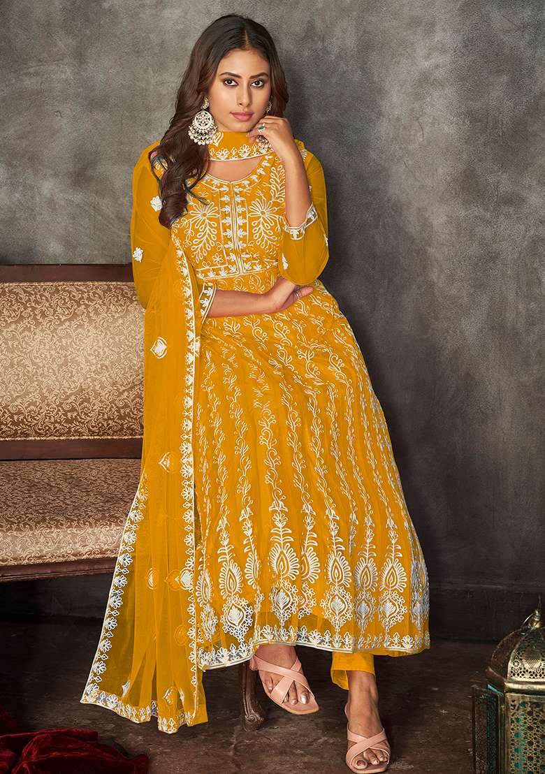 Mustard Embroidered Net Anarkali Set - Indya