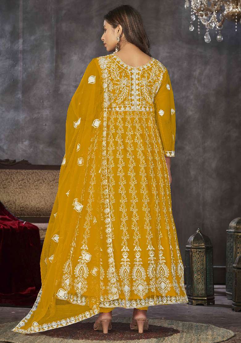 Mustard Embroidered Net Anarkali Set - Indya