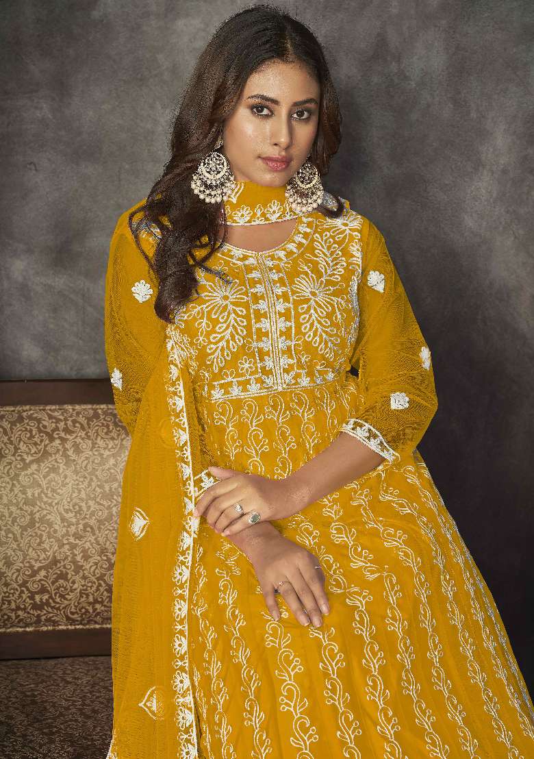 Mustard Embroidered Net Anarkali Set - Indya