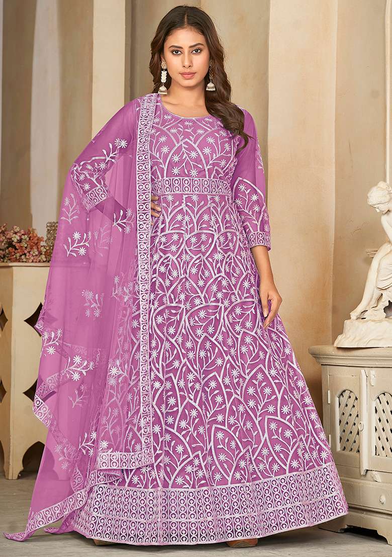 Light Purple Chikankari Net Anarkali Set - Indya