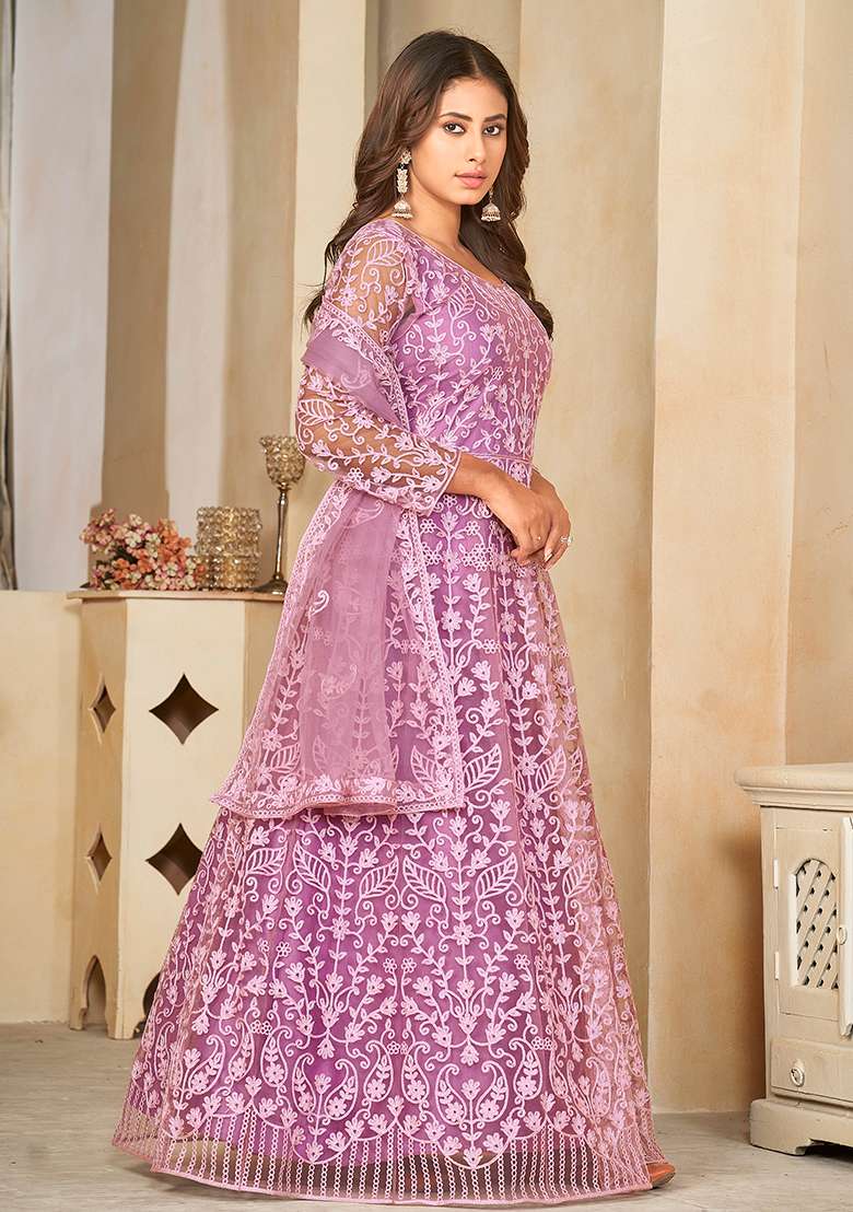 Light Purple Chikankari Net Anarkali Set - Indya