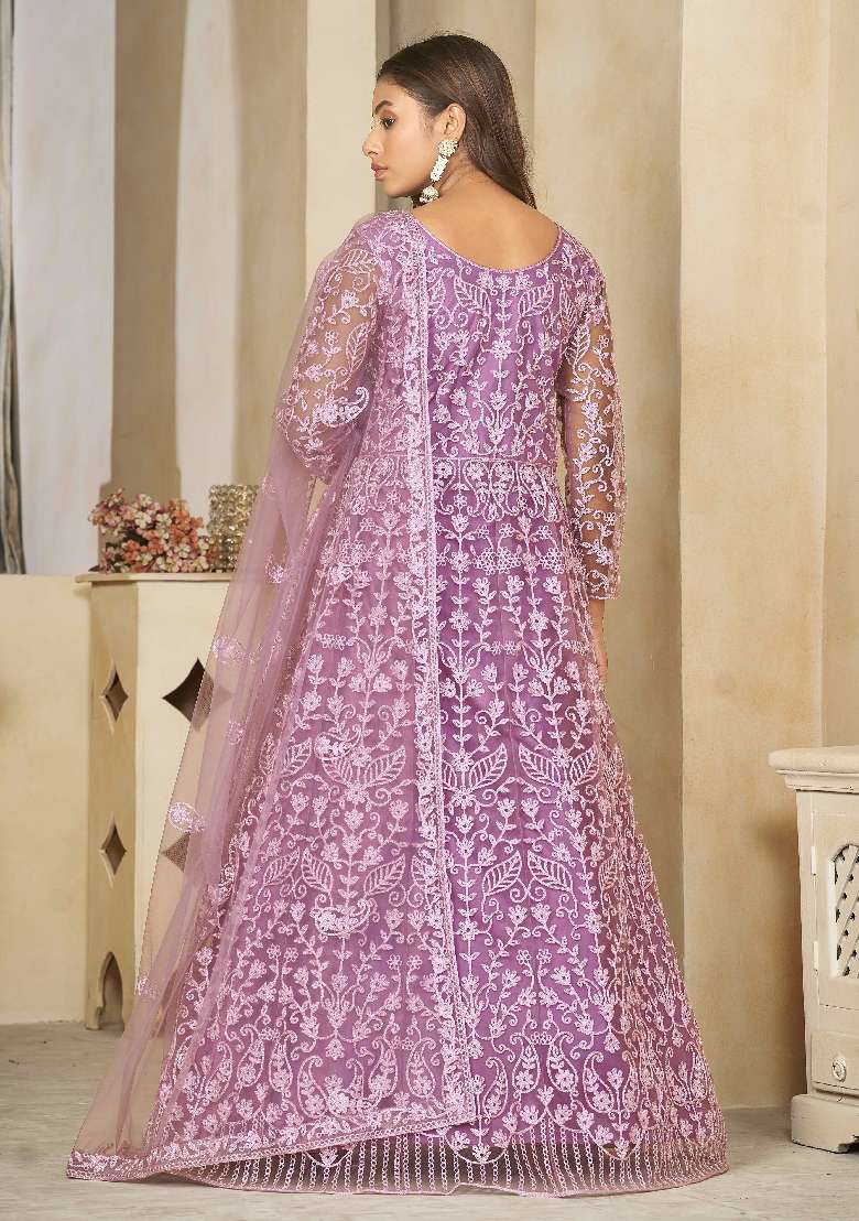 Light Purple Chikankari Net Anarkali Set - Indya