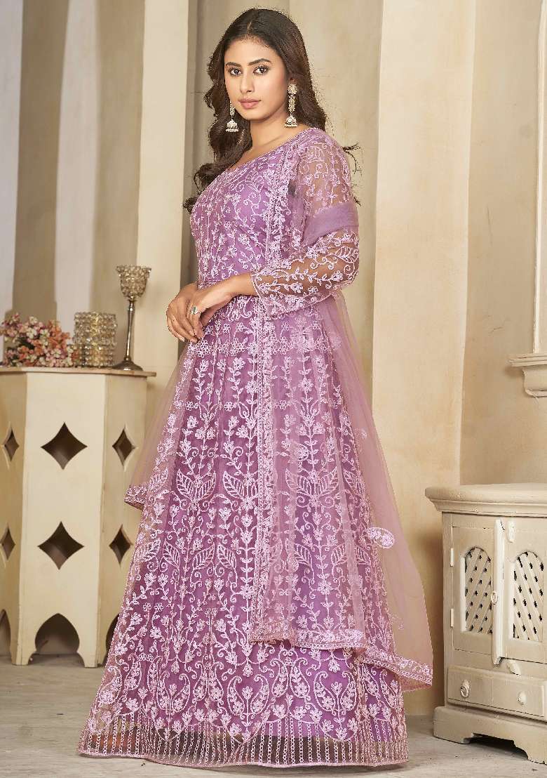 Light Purple Chikankari Net Anarkali Set - Indya