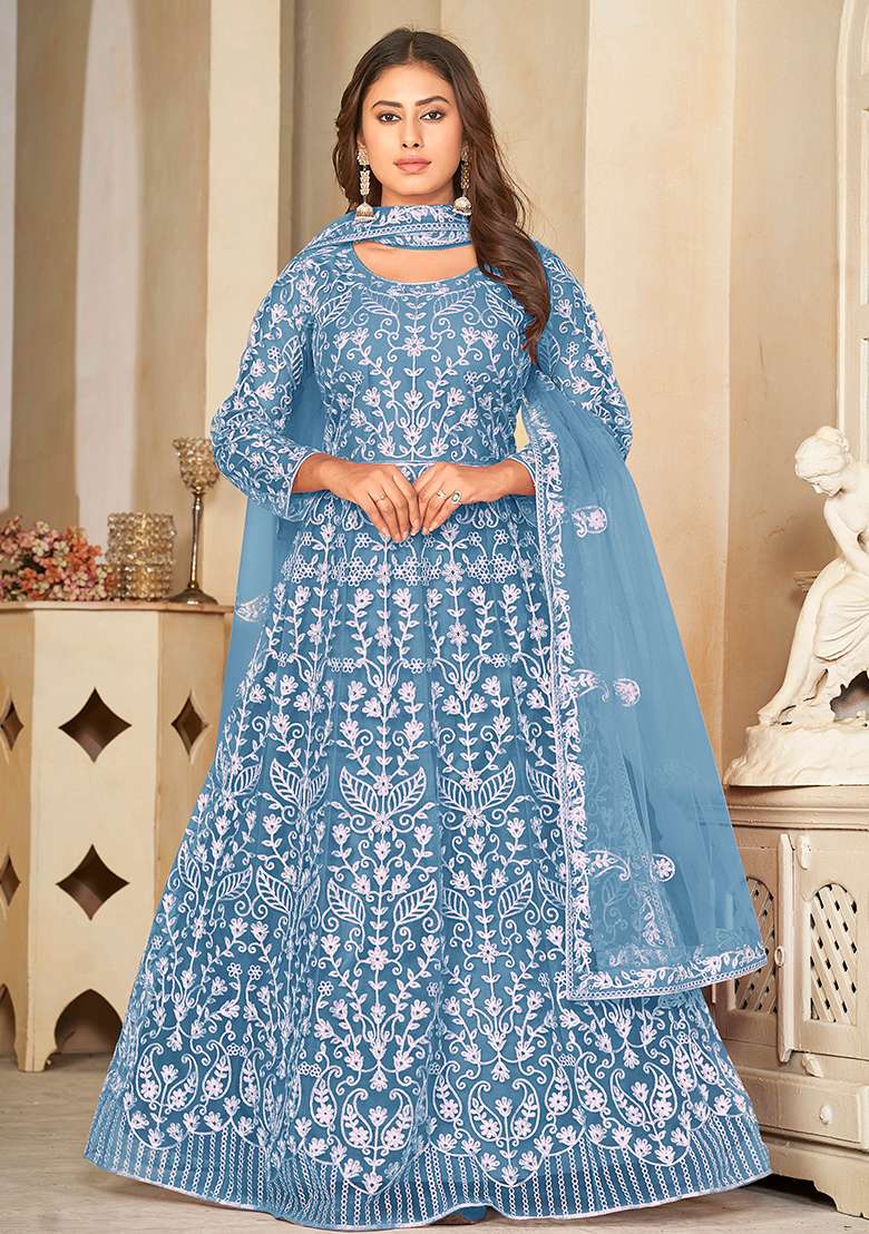 Sky Embroidered Net Anarkali Set - Indya