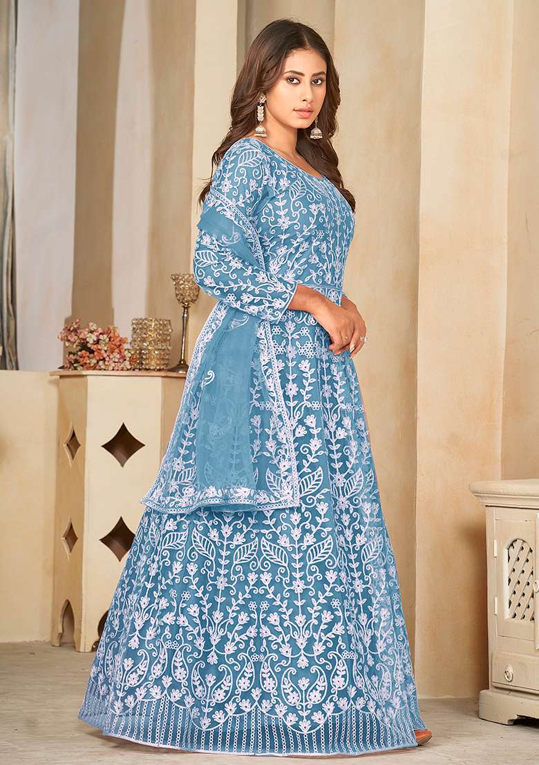 Sky Embroidered Net Anarkali Set - Indya