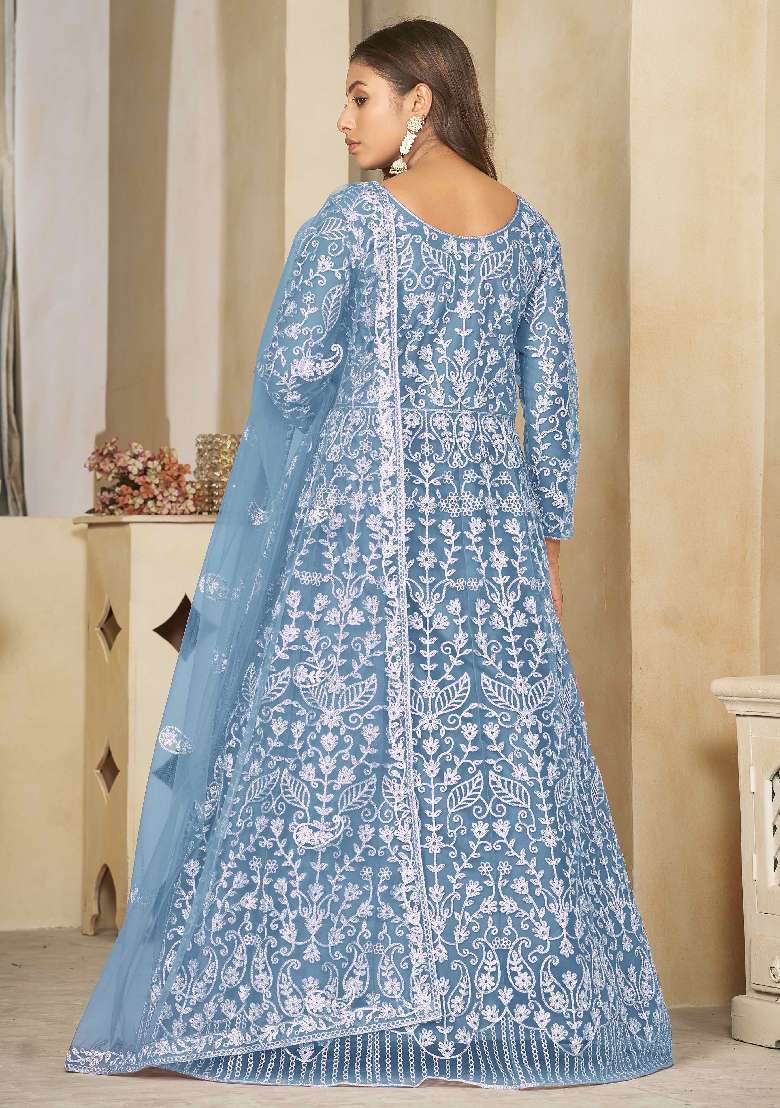 Sky Embroidered Net Anarkali Set - Indya