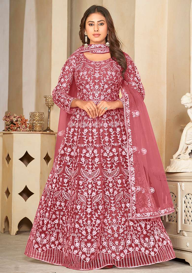 Gajri Embroidered Net Anarkali Set - Indya