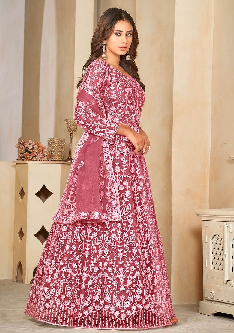 Gajri Embroidered Net Anarkali Set - Indya