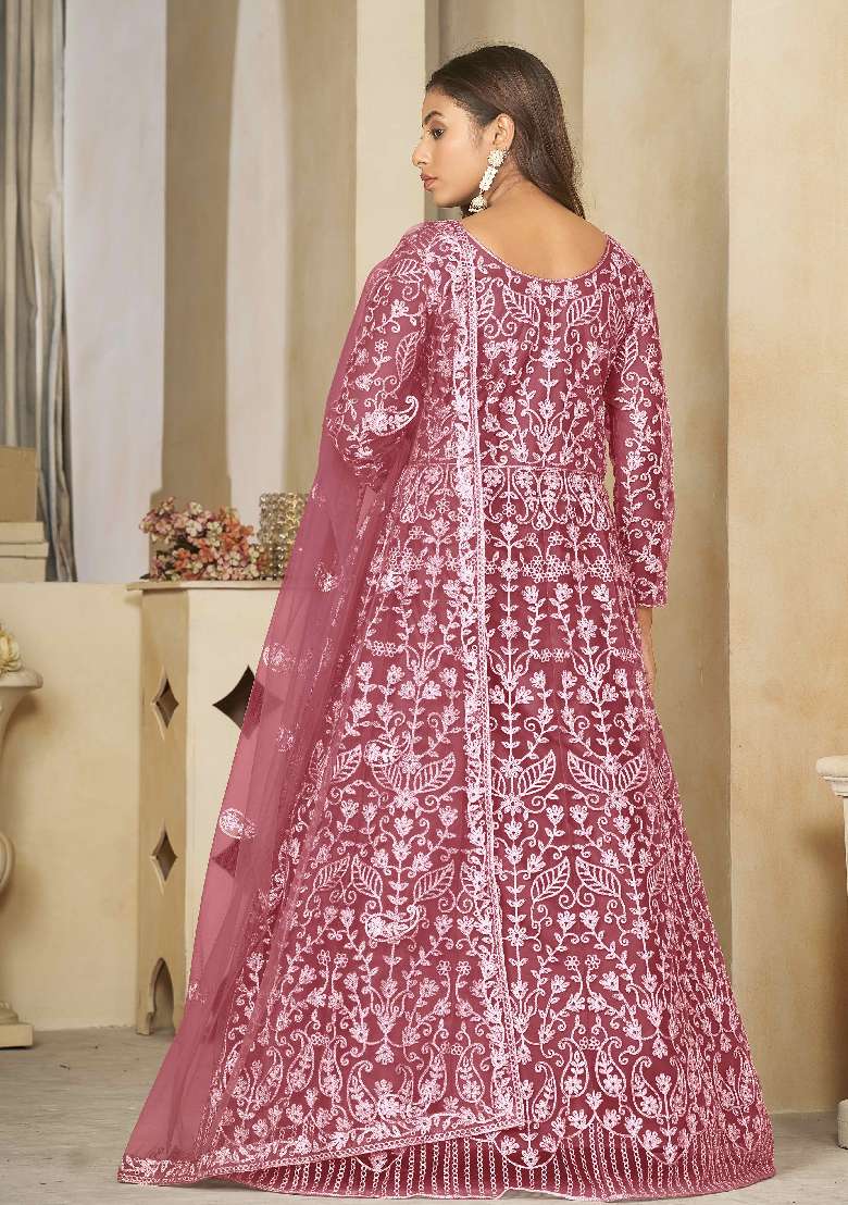Gajri Embroidered Net Anarkali Set - Indya