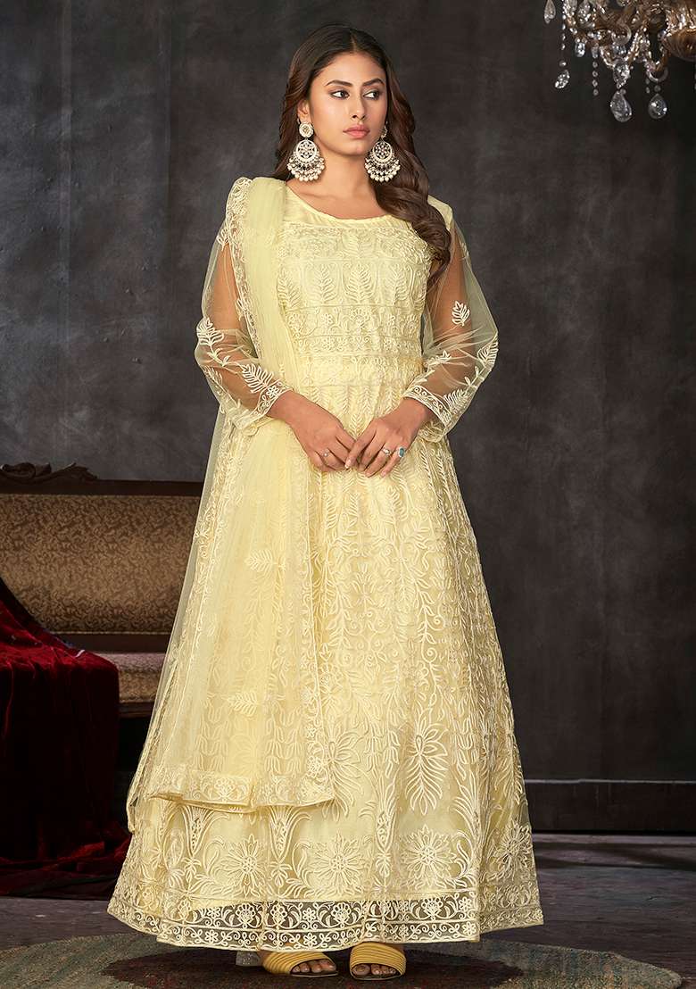 Light Yellow Embroidered Net Anarkali Set - Indya