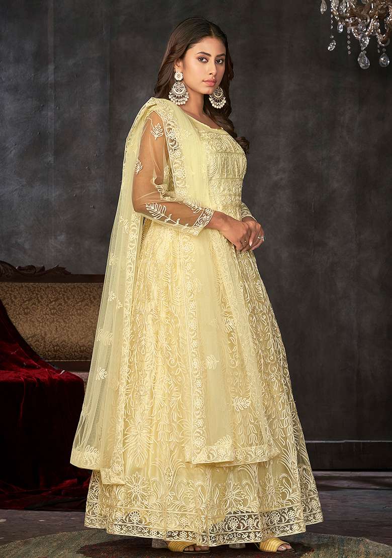 Light Yellow Embroidered Net Anarkali Set - Indya