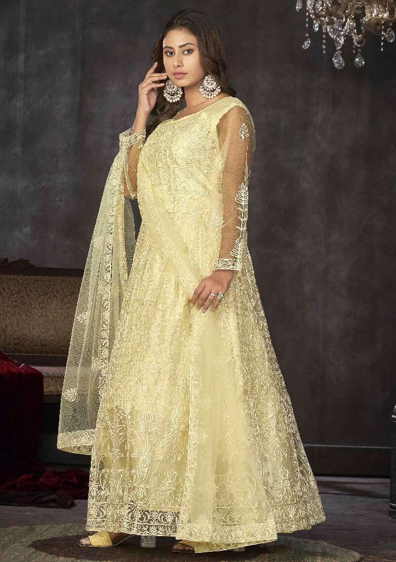 Light Yellow Embroidered Net Anarkali Set - Indya
