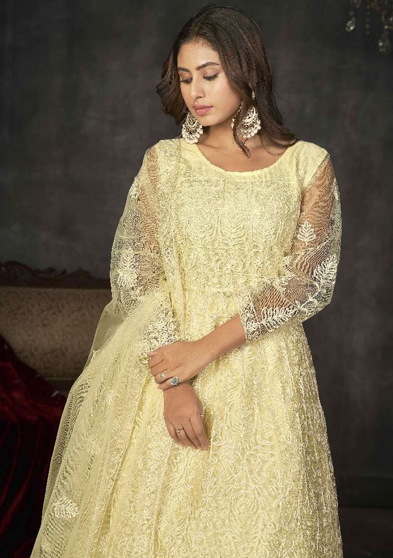 Light Yellow Embroidered Net Anarkali Set - Indya
