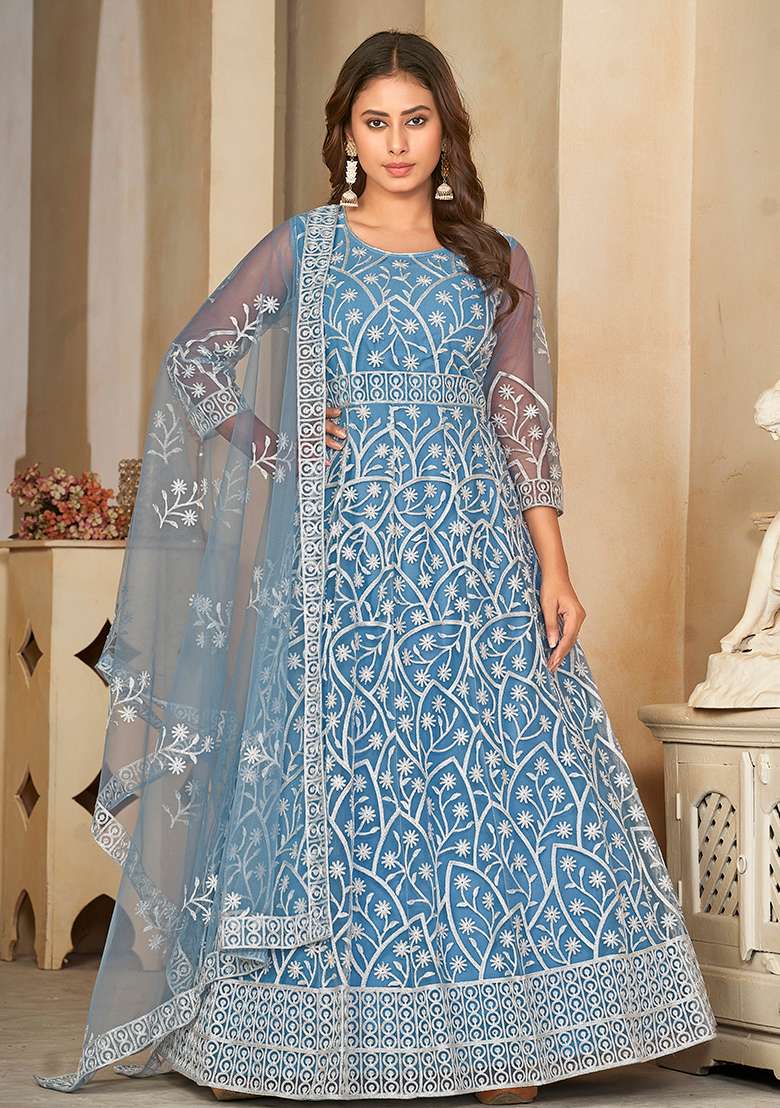 Sky Embroidered Net Anarkali Set - Indya
