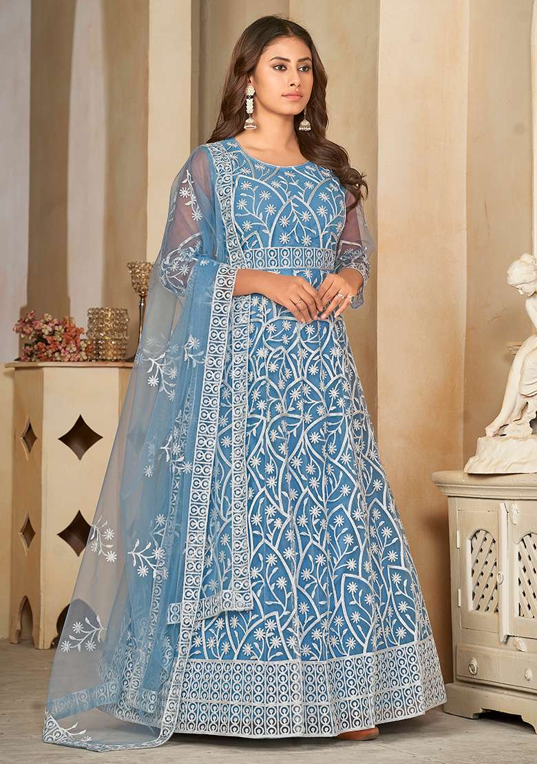 Sky Embroidered Net Anarkali Set - Indya