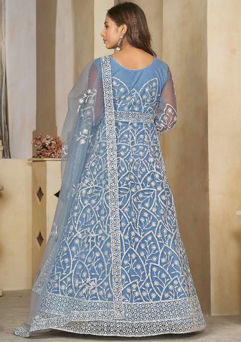 Sky Embroidered Net Anarkali Set - Indya