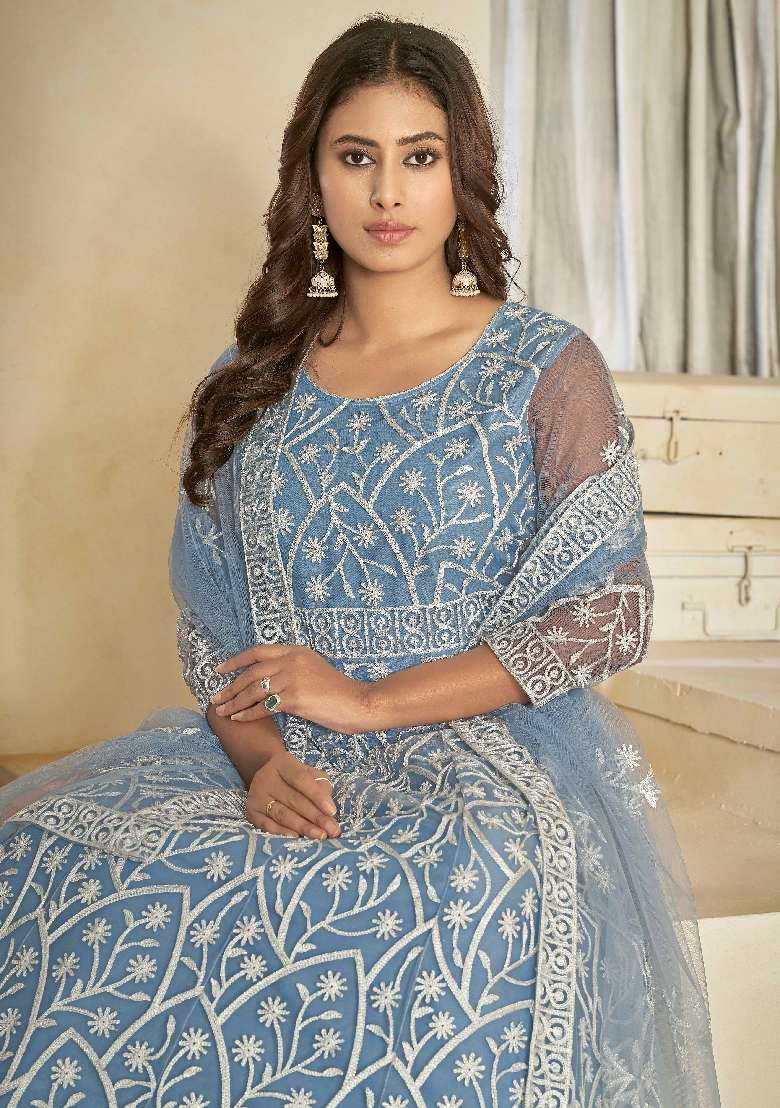 Sky Embroidered Net Anarkali Set - Indya