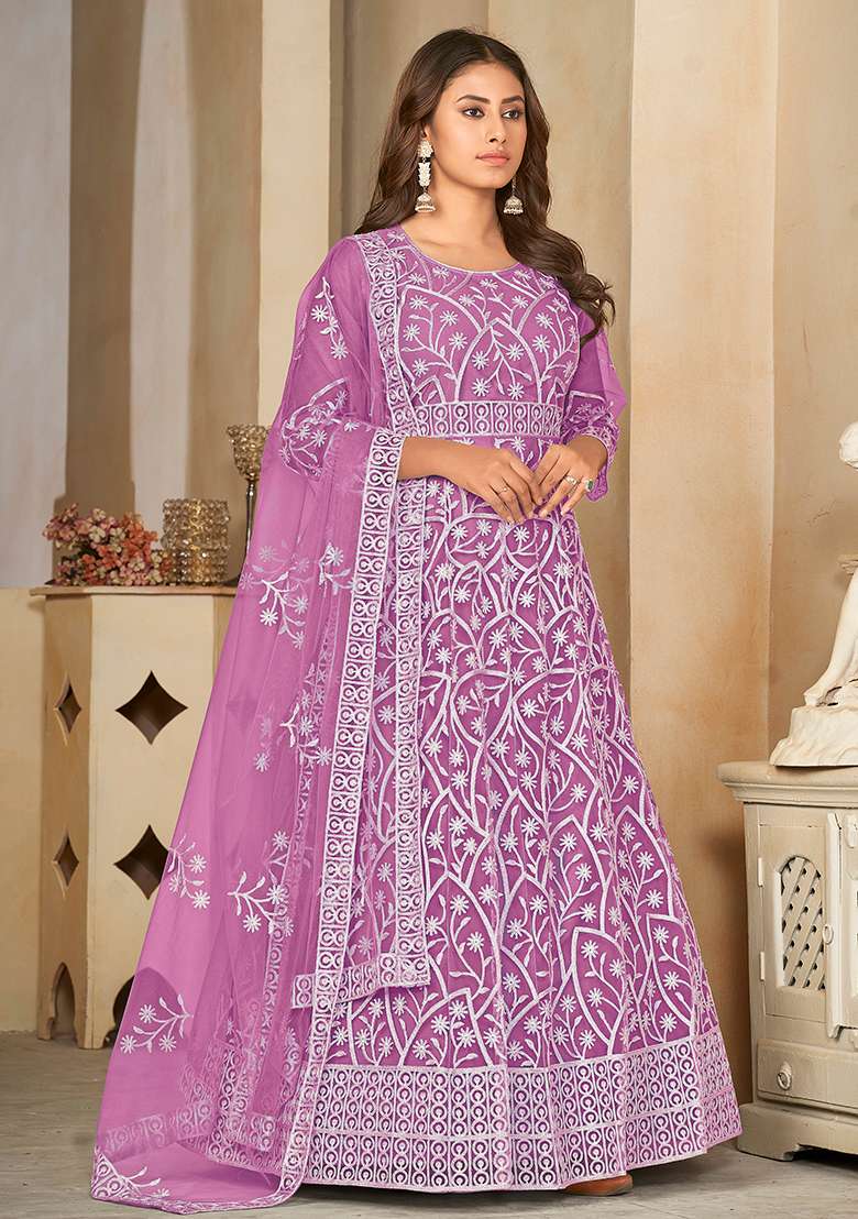 Light Purple Chikankari Net Anarkali Set - Indya