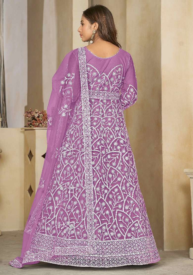 Light Purple Chikankari Net Anarkali Set - Indya