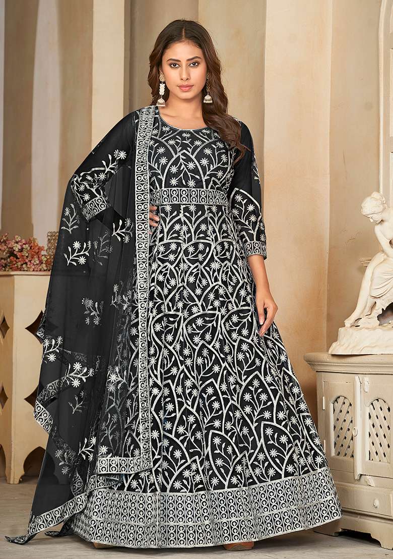 Black Embroidered Net Anarkali Set - Indya