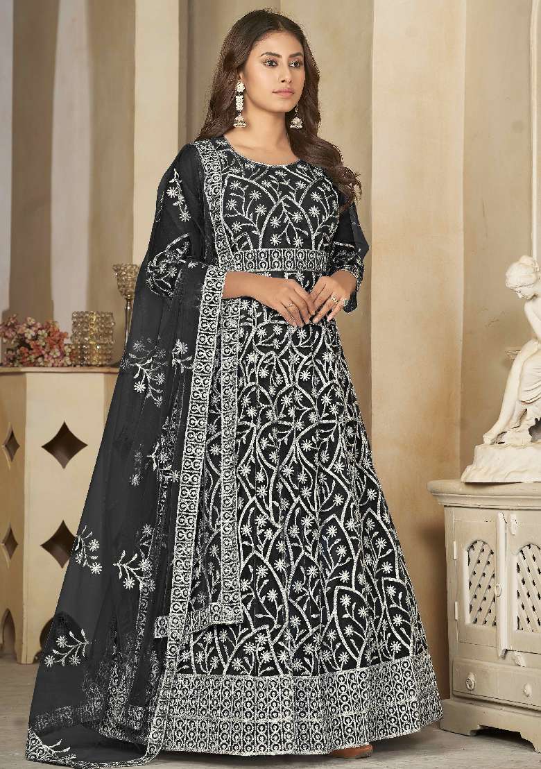 Black Embroidered Net Anarkali Set - Indya