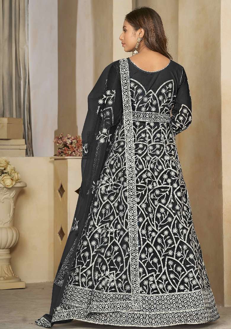 Black Embroidered Net Anarkali Set - Indya