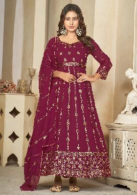 Dark Pink Embroidery Georgette Kurta Set