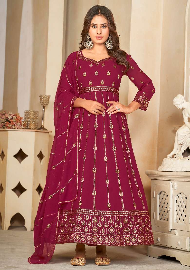 Dark Pink Embroidered Georgette Anarkali Set - Indya