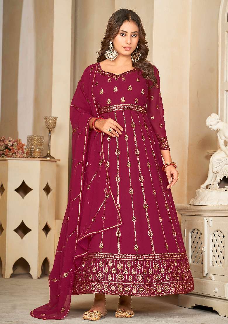 Dark Pink Embroidered Georgette Anarkali Set - Indya
