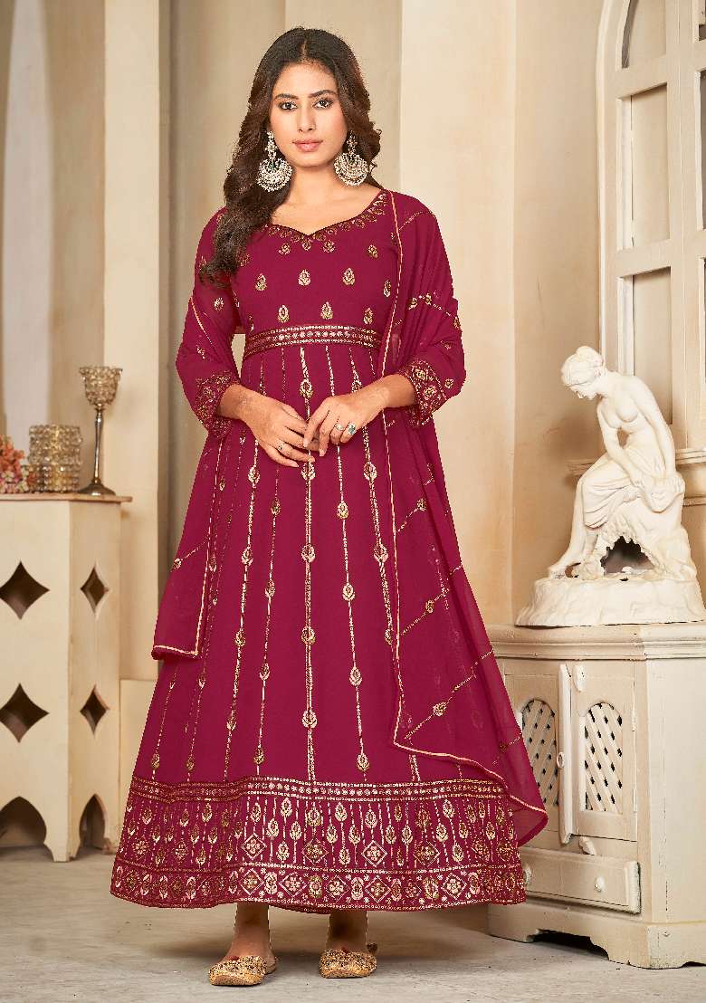 Dark Pink Embroidered Georgette Anarkali Set - Indya