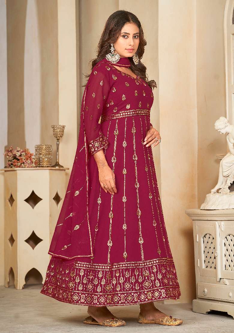 Dark Pink Embroidered Georgette Anarkali Set - Indya
