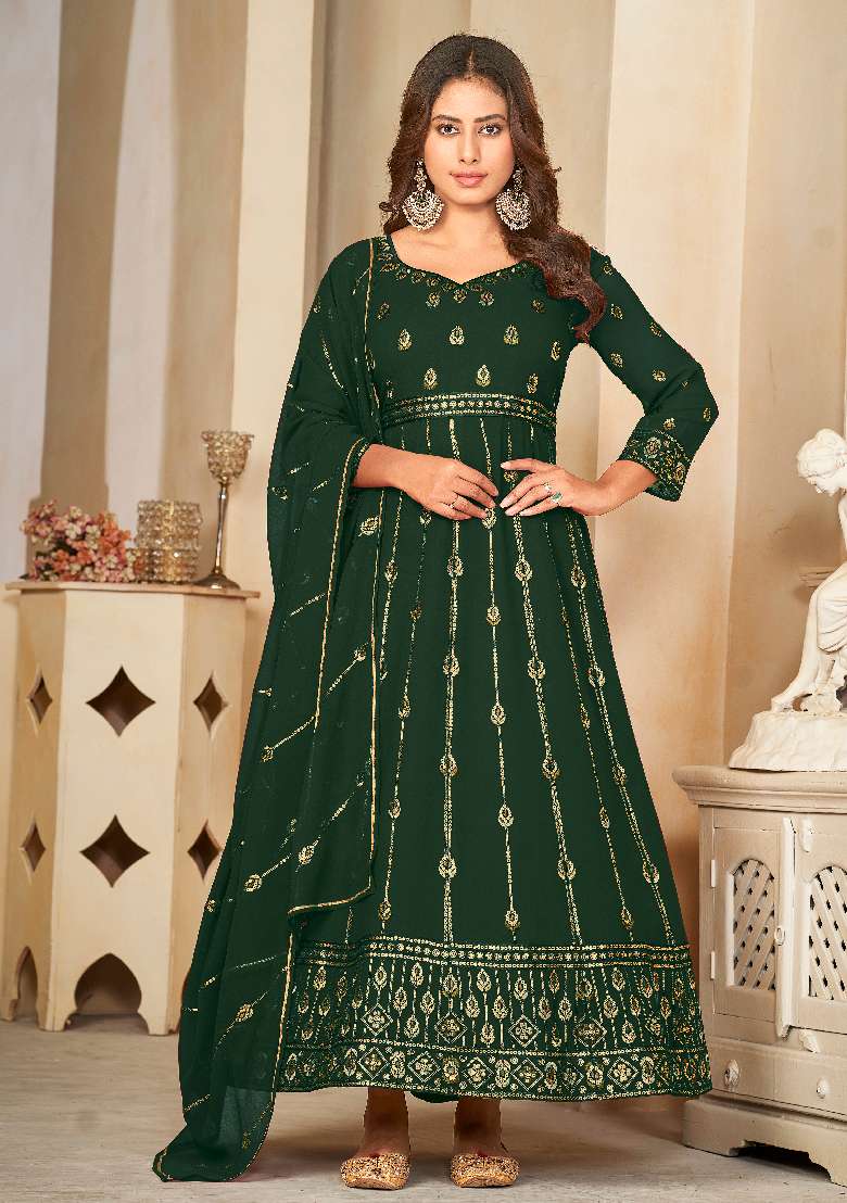 Green Embroidered Georgette Anarkali Set - Indya