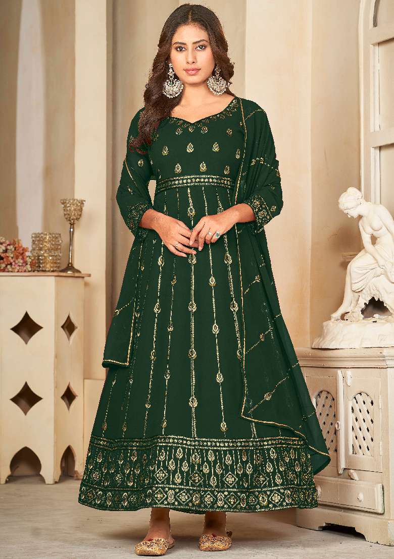 Green Embroidered Georgette Anarkali Set - Indya