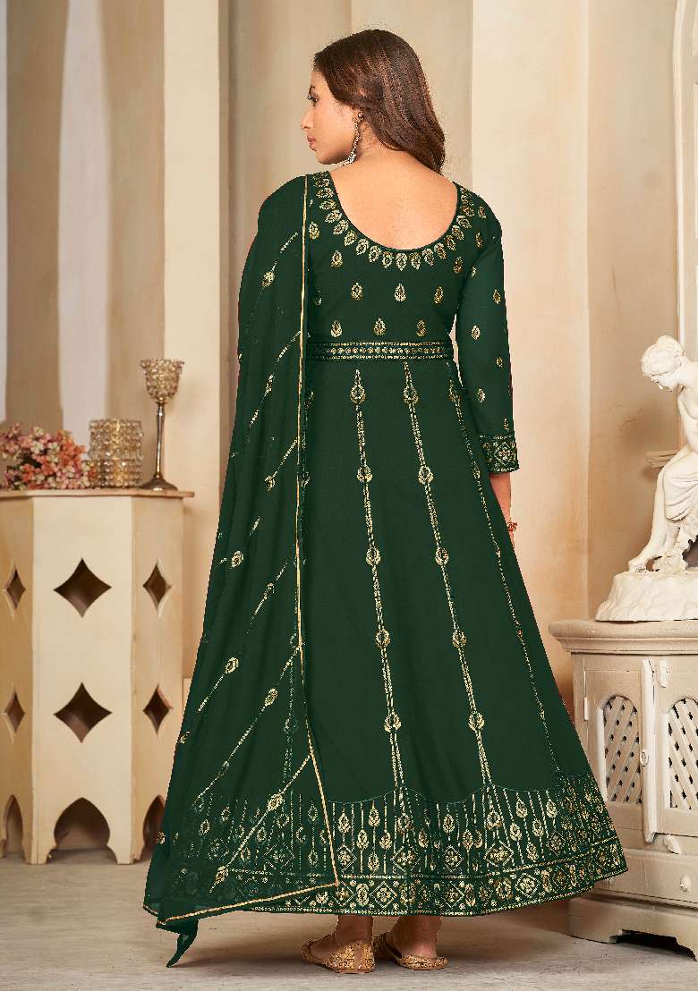 Green Embroidered Georgette Anarkali Set - Indya