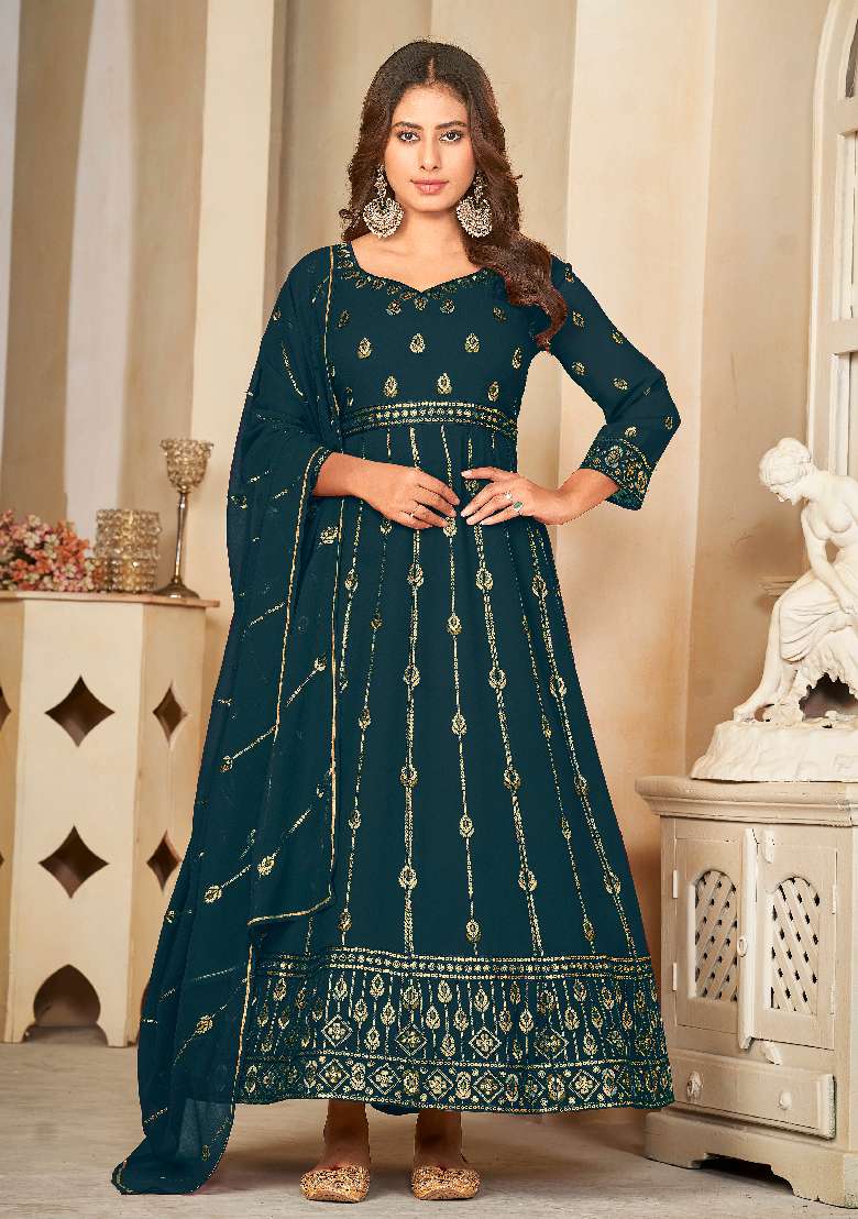 Rama Embroidered Georgette Anarkali Set - Indya