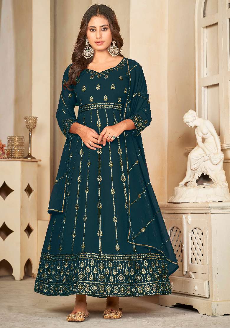 Rama Embroidered Georgette Anarkali Set - Indya