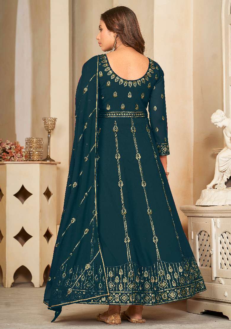 Rama Embroidered Georgette Anarkali Set - Indya