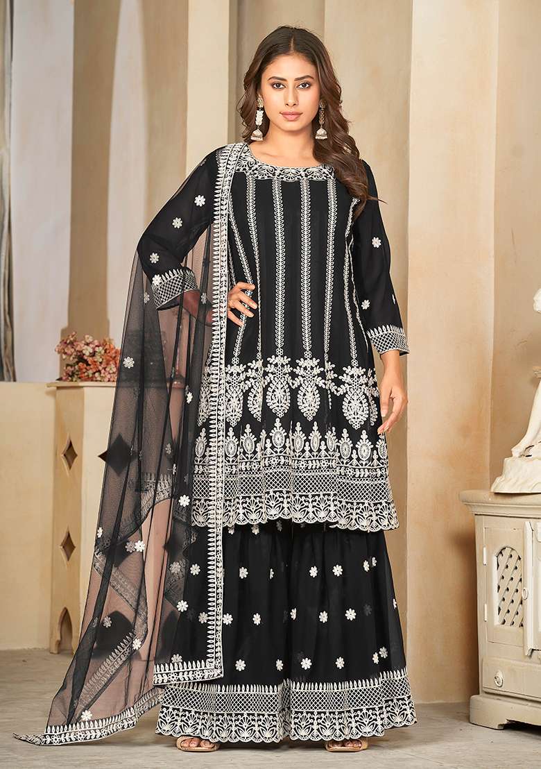 Black Embroidered Georgette Sharara Set - Indya
