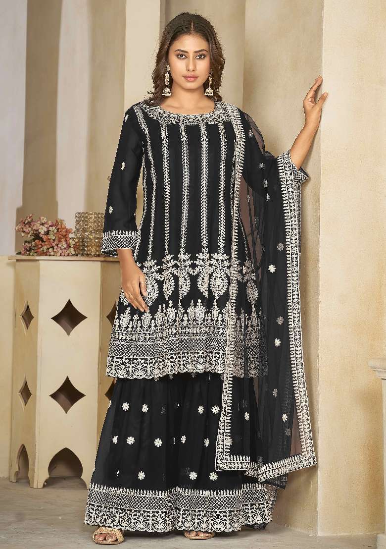 Black Embroidered Georgette Sharara Set - Indya